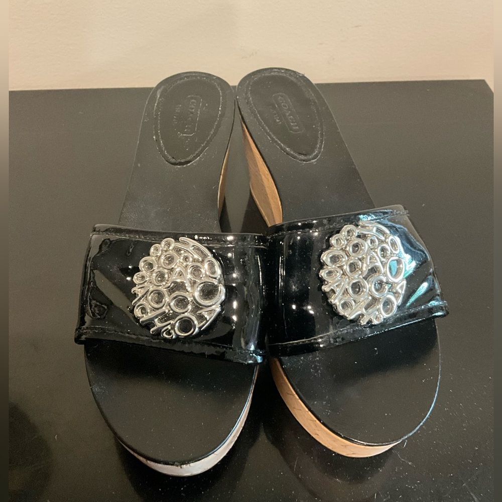 Coach "Judith" Black Patent Leather Cork Slip on Platform Mules Size 9.5 B